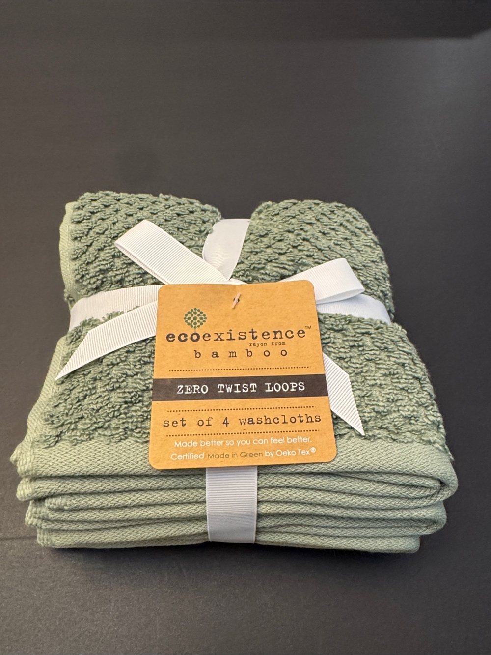 4pc ECOEXISTENCE Bamboo Zero Twist Loops Bath  Washcloth Towel Set - Oil Green